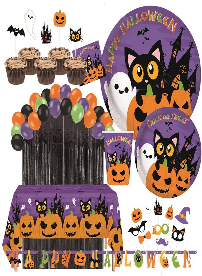 Oojami Serves 24 Complete Party Pack Cute Halloween Cats Monsters and Ghosts Includes Plates Cups Napkins Table Cover Balloons Picks Curtains Banner Halloween Party Decorations Halloween Party Supplies - Image 1